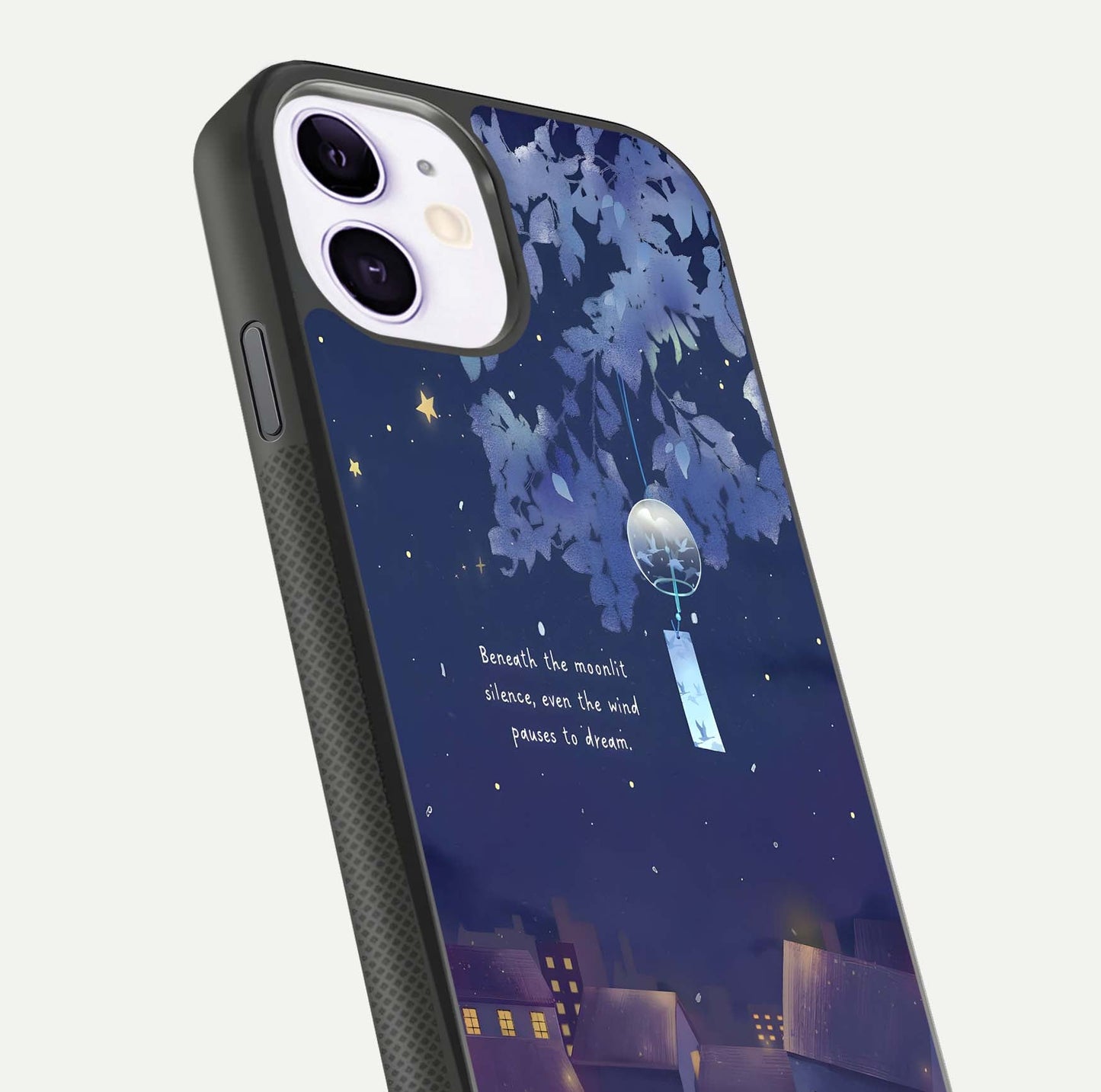 Moonlit Cat Silence Glass Case for iPhone 11 close-up angled shot showing soft glow and reflection texture