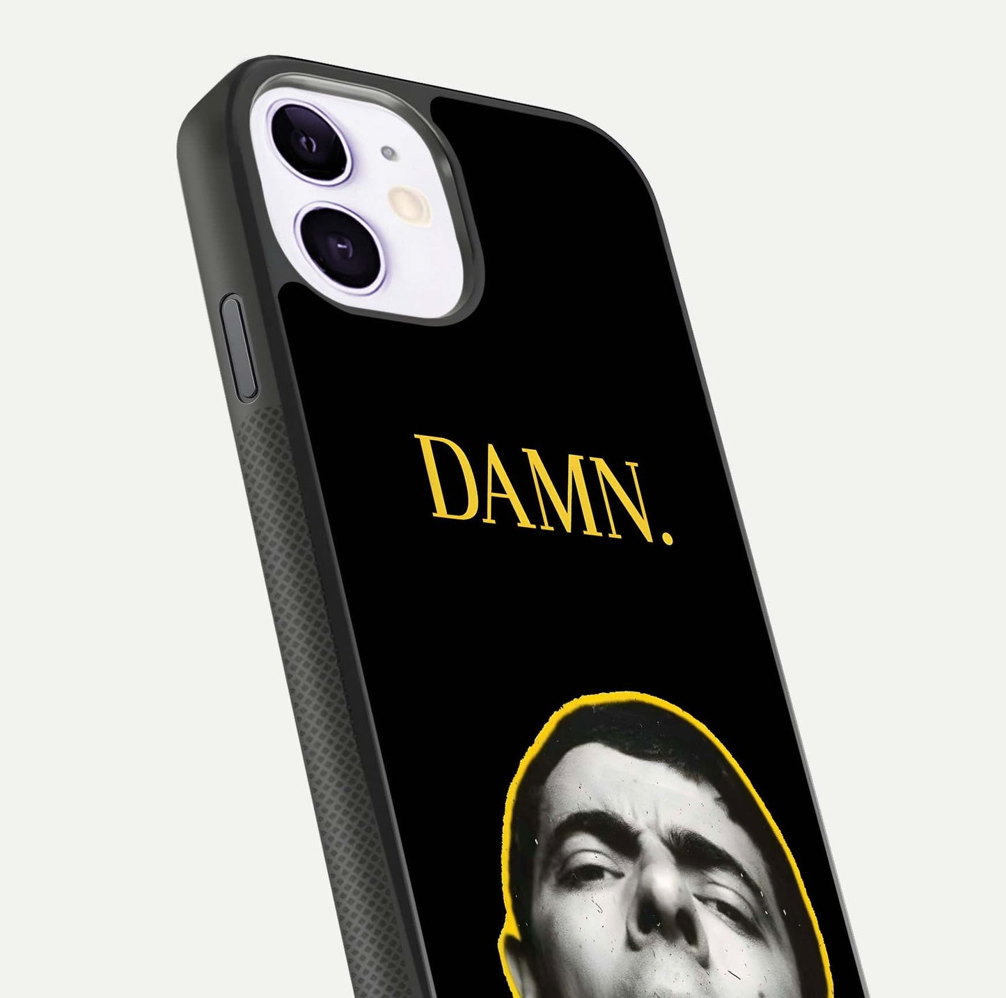 Mr Bean Damn Glass Case for iPhone 11 close-up angled shot highlighting comic expression and shine detail