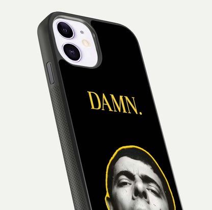 Mr Bean Damn Glass Case for iPhone 11 close-up angled shot highlighting comic expression and shine detail