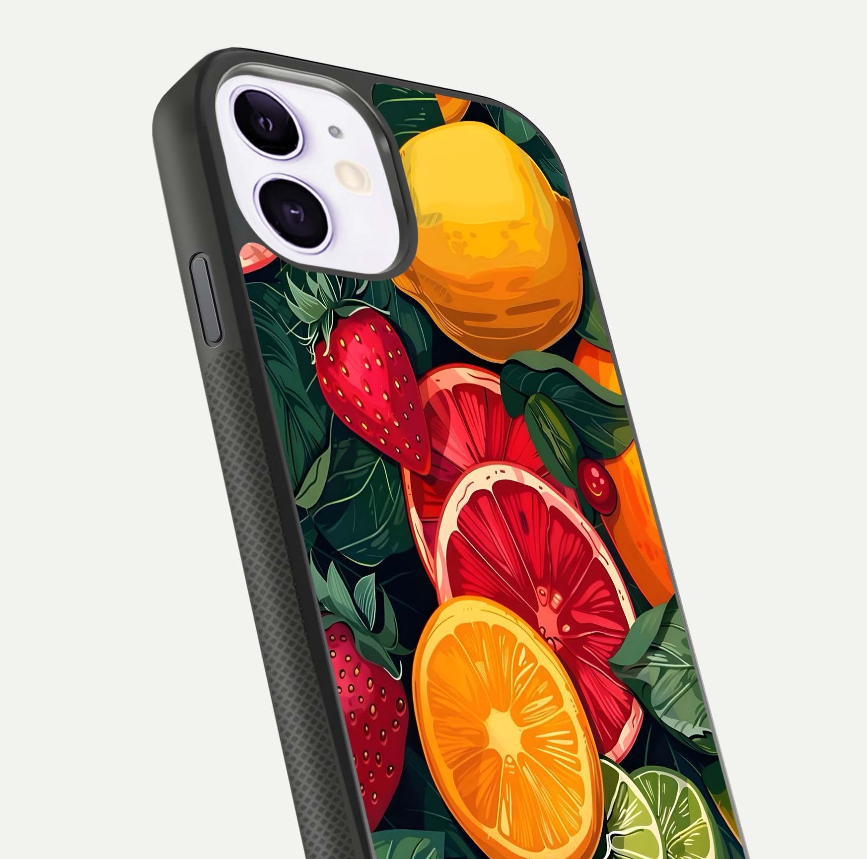 Multiple Fruits Glass Case for iPhone 11 close-up angled shot showing fruit texture and HD gloss shine