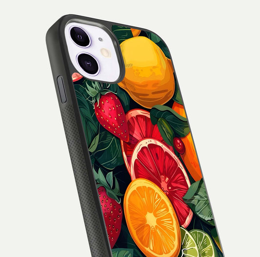 Multiple Fruits Glass Case for iPhone 11 close-up angled shot showing fruit texture and HD gloss shine