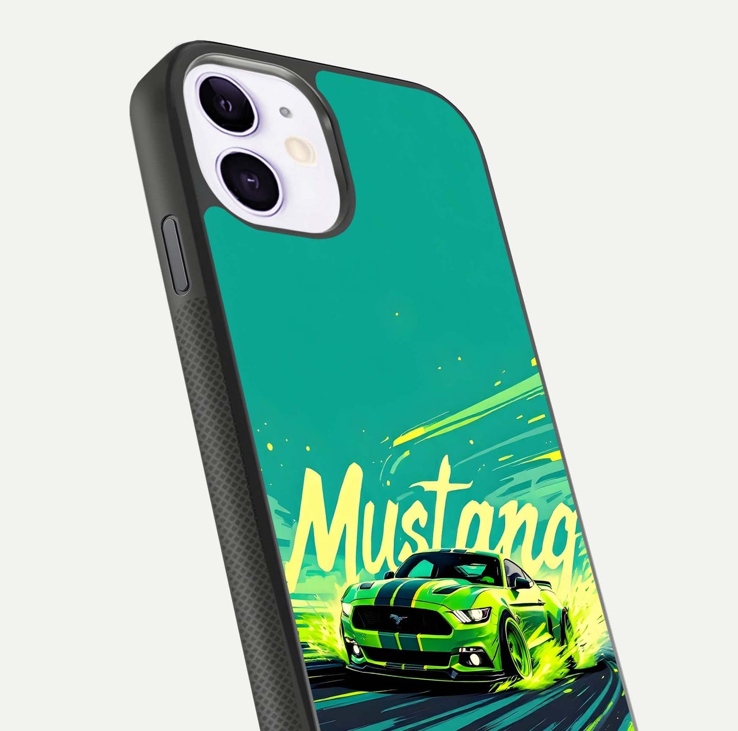 Mustang Bang Glass Case for iPhone 11 close-up angled shot showing car emblem and HD reflection