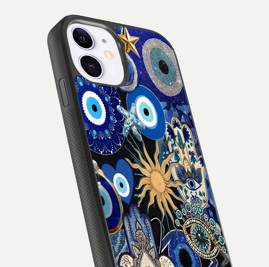 Mystic Blue Evil Eye Glass Case for iPhone 11 close-up angled shot highlighting mystical glow and HD reflection