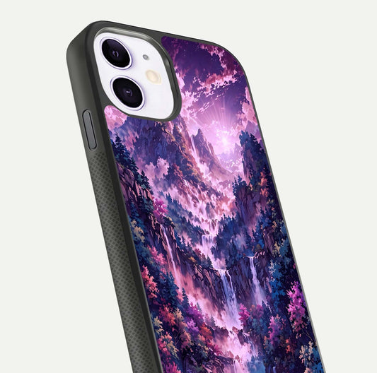 Mystic Cascade Peaks Glass Case for iPhone 11 close-up angled shot showing peak reflections and color gradient