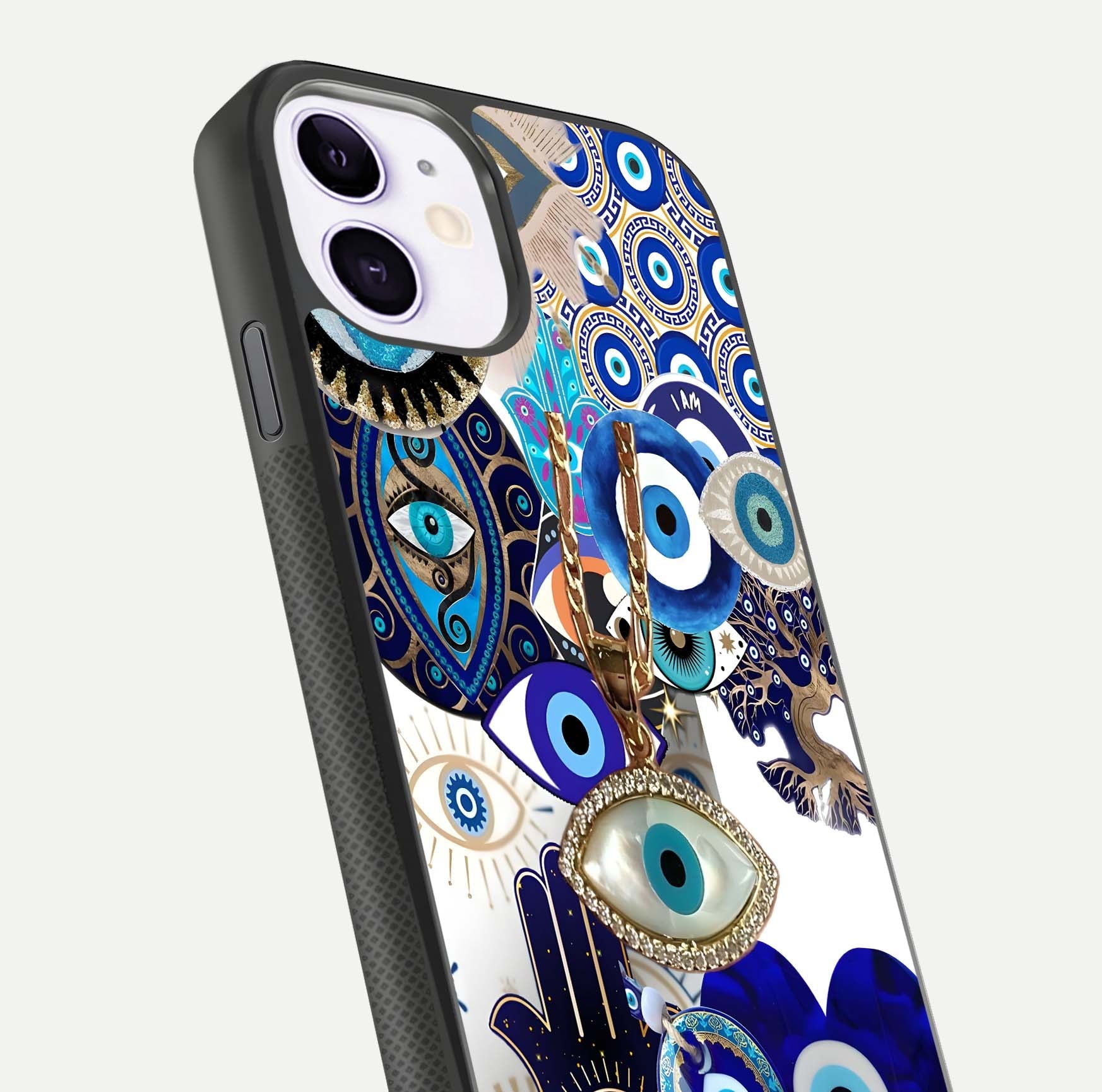 Mystic Charm Eye Glass Case for iPhone 11 close-up angled shot showing detailed eye art and reflection