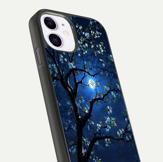 Mystic Floral Night Glass Case for iPhone 11 close-up angled shot highlighting petal detail and HD reflection