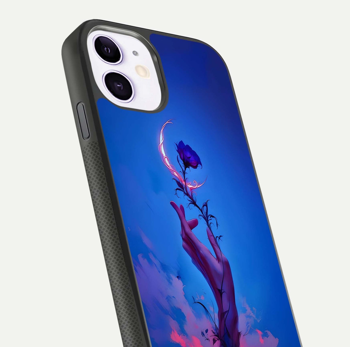 Mystic Hand Glass Case for iPhone 11 close-up angled shot showing spiritual markings and reflection
