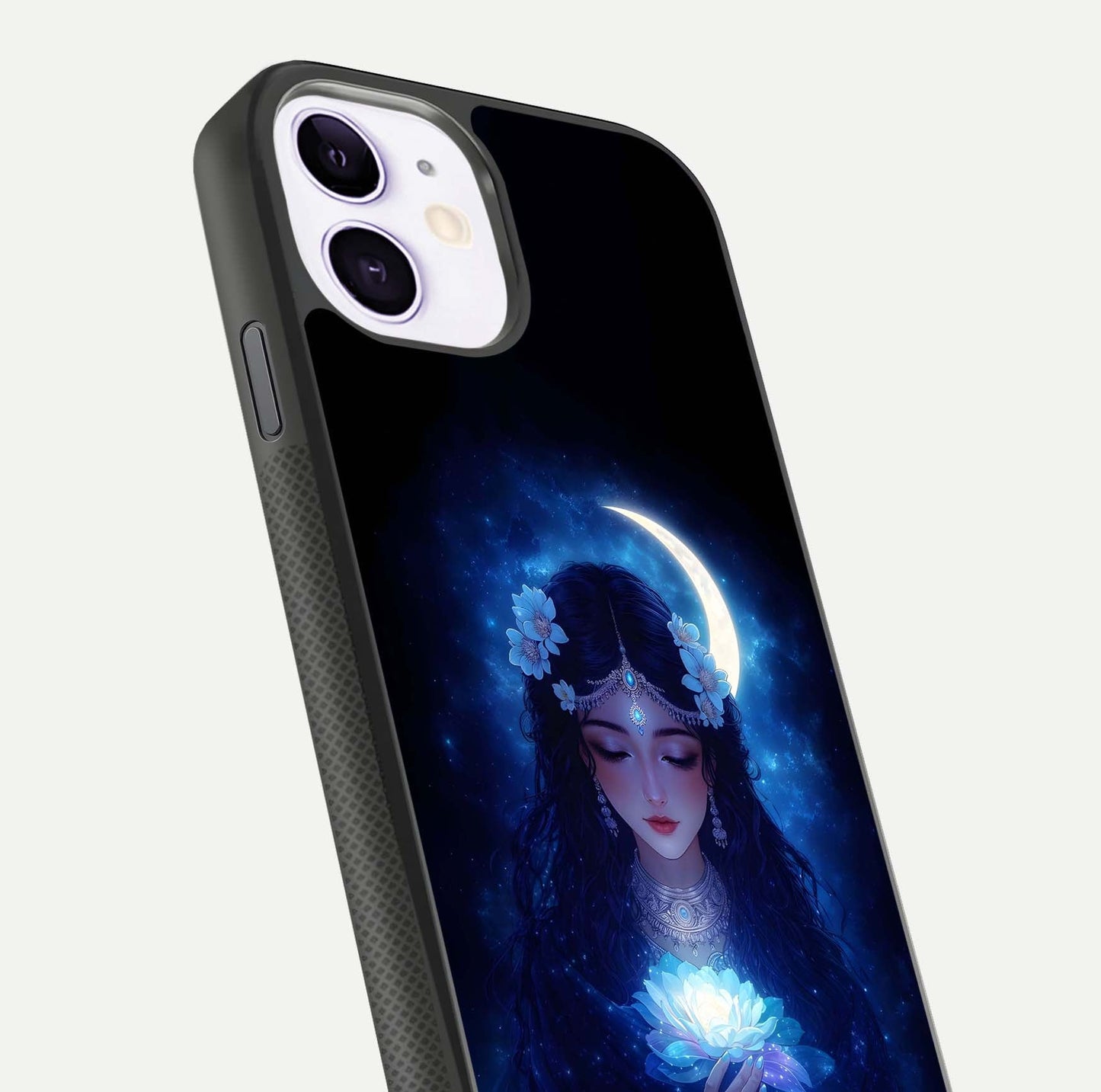 Mystic Moon Queen Glass Case for iPhone 11 close-up angled shot showing shine and lunar tones