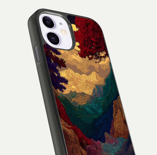 Mystic Valley Light Glass Case for iPhone 11 close-up angled shot highlighting gradient sky and reflection