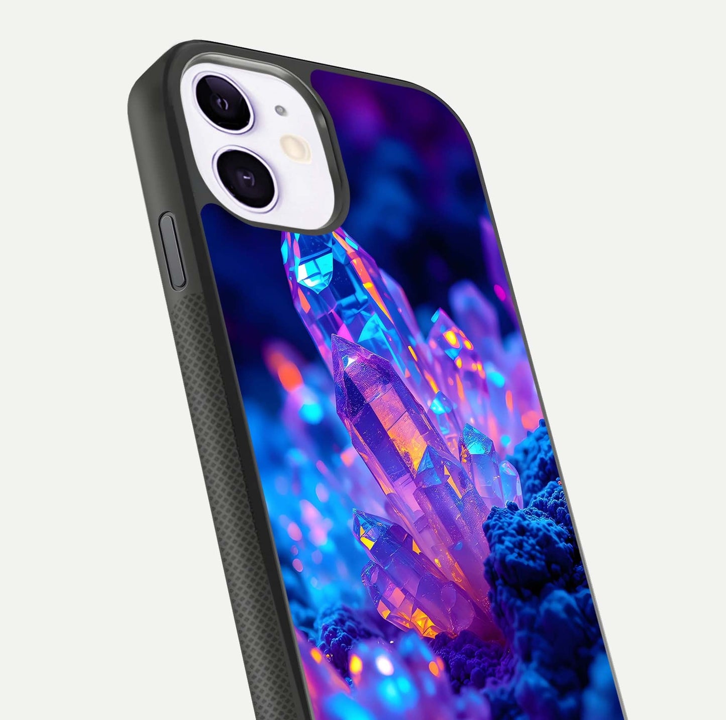Neon Aura Shards Glass Case for iPhone 11 close-up angled shot highlighting fragment pattern and reflection