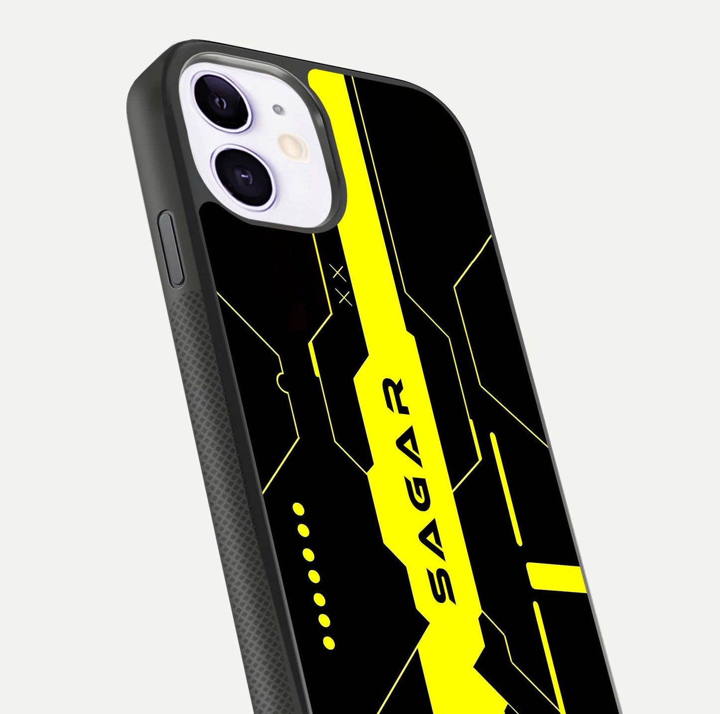 Neon CYBERPUNK Custom Name Glass Case for iPhone 11 close-up angled shot highlighting electric colors and reflection