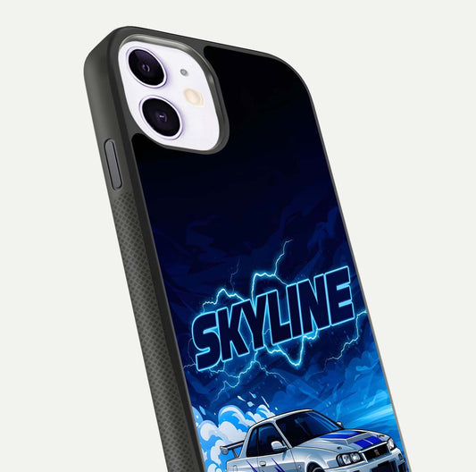 Neon Drift Beast Glass Case for iPhone 11 close-up angled shot highlighting glowing streaks and vivid reflection