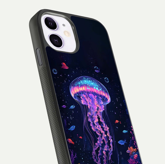 Neon Jellyfish Glass Case for iPhone 11 close-up angled shot showing translucent jellyfish and shine reflection