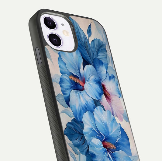 Ocean Hibiscus Grace Glass Case for iPhone 11 close-up angled shot highlighting floral glow and HD shine