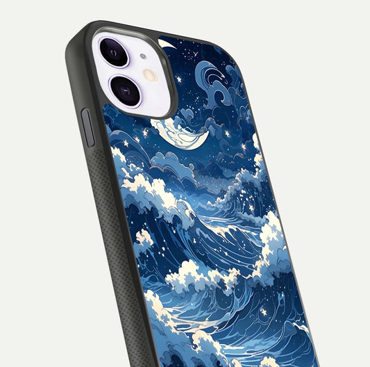 Ocean Moon Waves Glass Case for iPhone 11 close-up angled shot showing HD reflection and calm tones