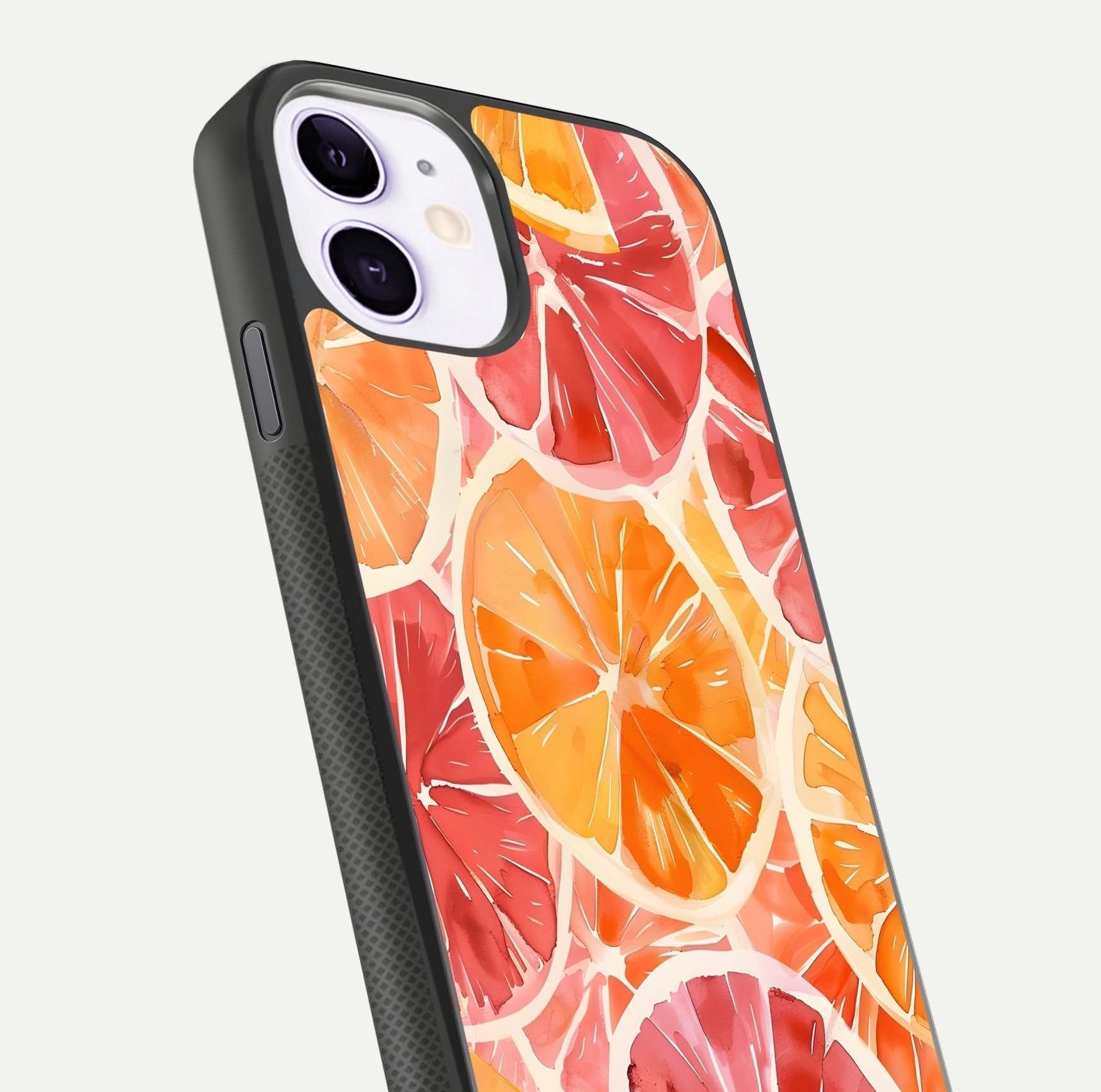 Orange Fruits Pattern Glass Case for iPhone 11 close-up angled shot showing juicy fruit texture and reflection