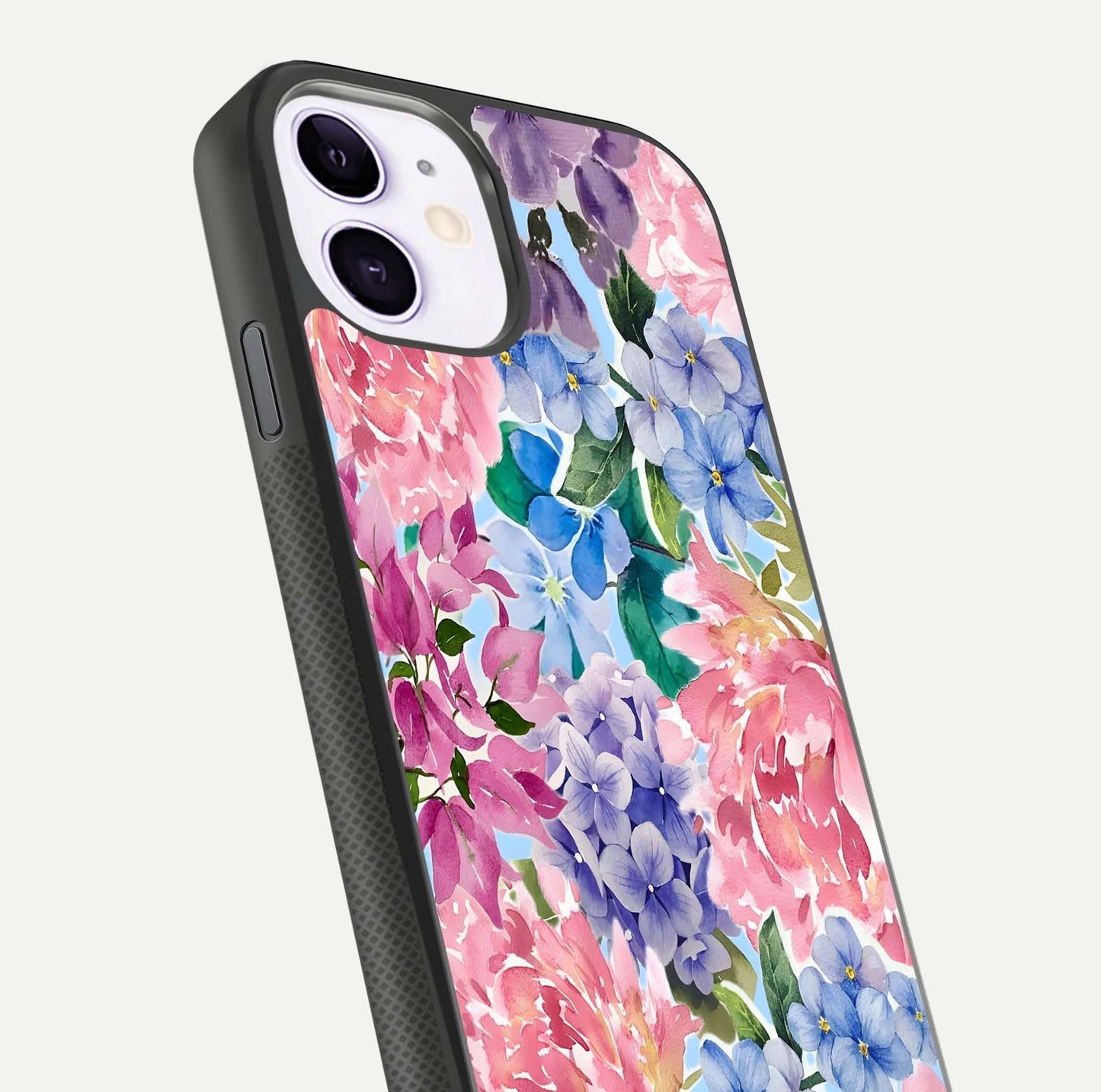 Pastel Floral Mix Glass Case for iPhone 11 close-up angled shot highlighting flower detail and reflection