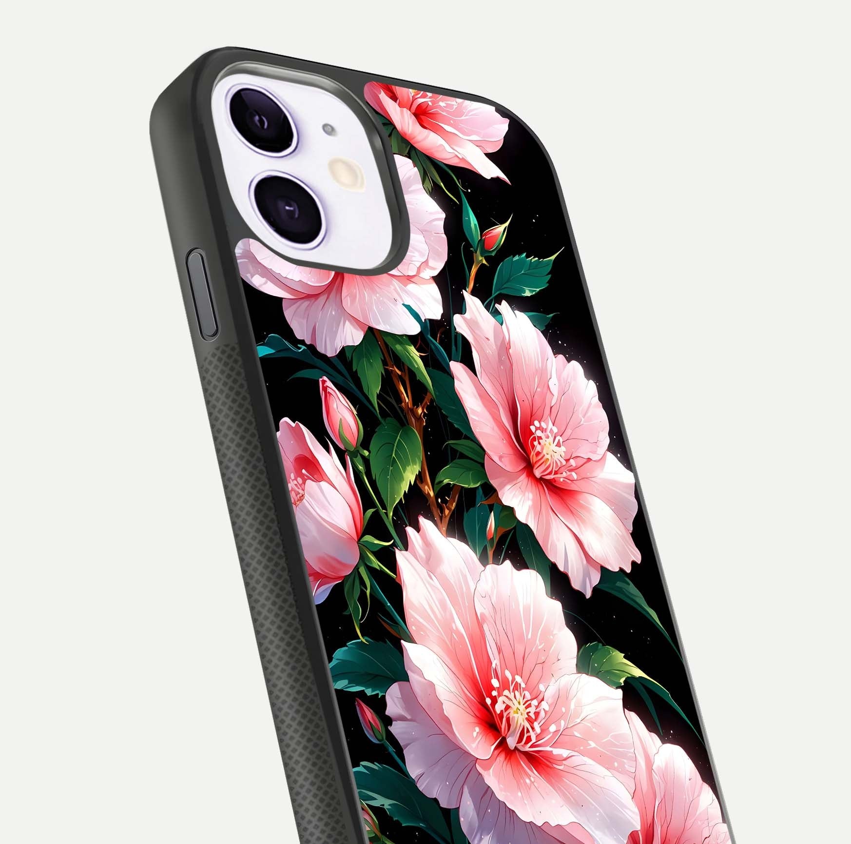 Peach Flower Glass Case for iPhone 11 close-up angled shot highlighting floral petals and HD glass reflection