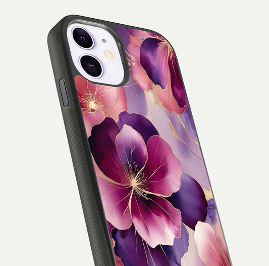 Pink Bouquet Florals Glass Case for iPhone 11 close-up angled shot showing bouquet details and reflection