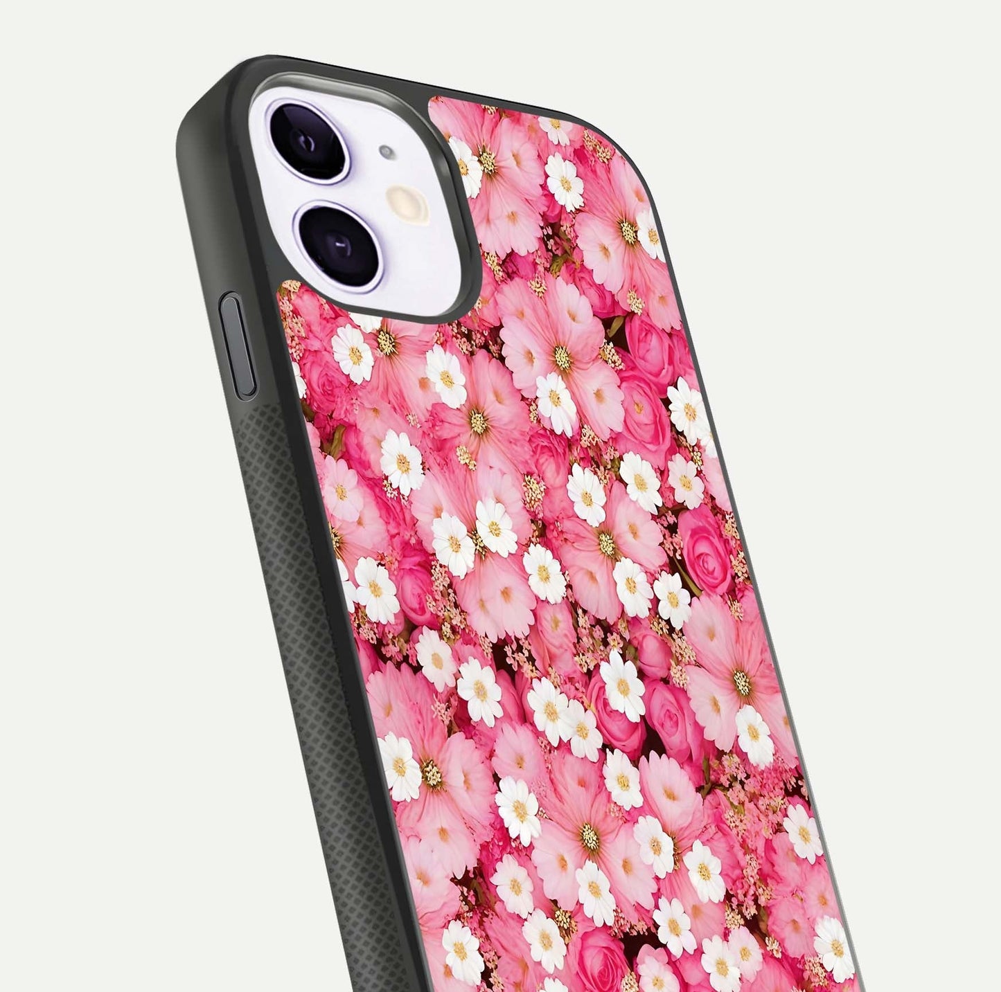 Pink Daisy Bliss Glass Case for iPhone 11 close-up angled shot highlighting daisy detail and reflection glow