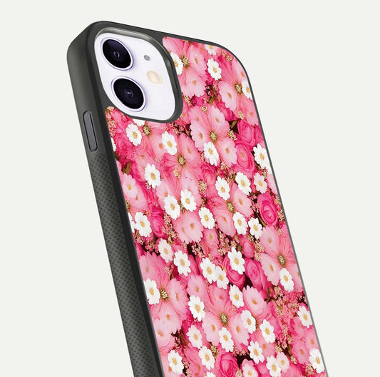 Pink Daisy Bliss Glass Case for iPhone 11 close-up angled shot highlighting daisy detail and reflection glow