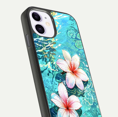 Pink Flowers in Water Glass Case for iPhone 11 close-up angled shot highlighting water ripple and reflection