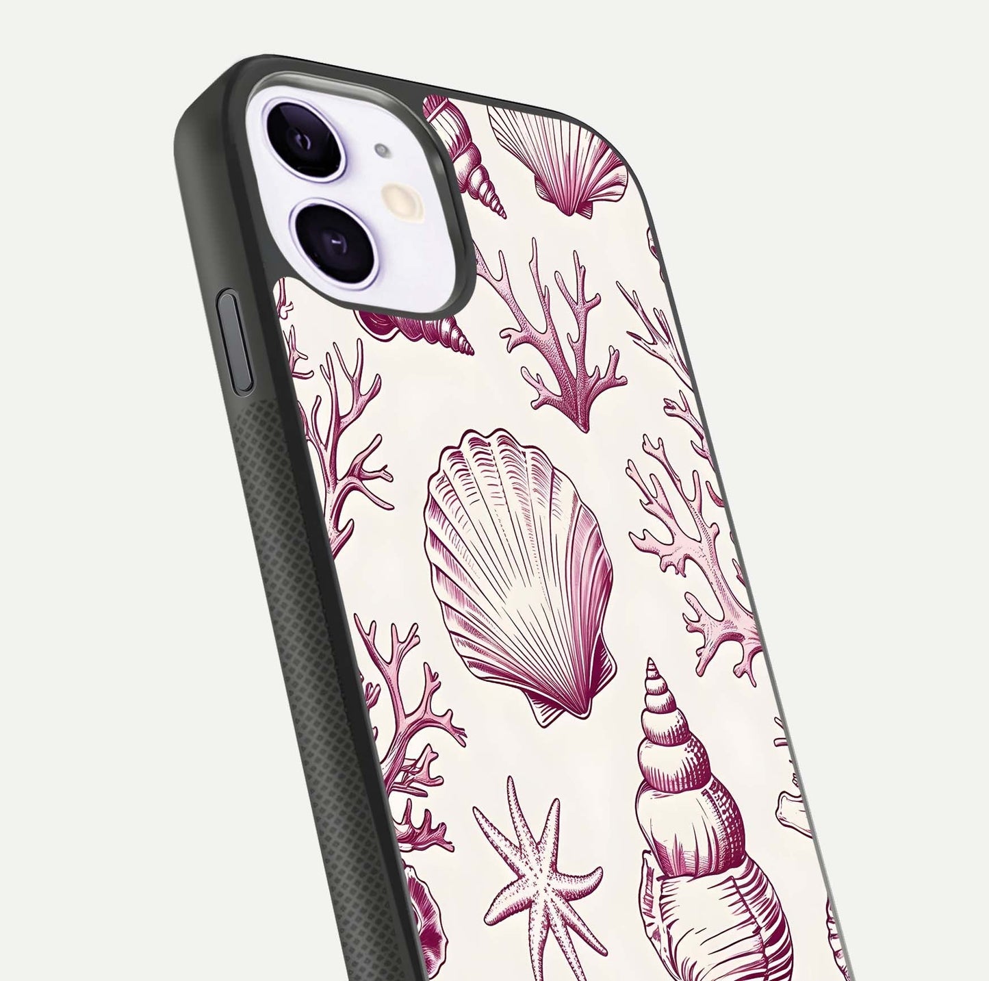 Pink Shells Outline Glass Case for iPhone 11 close-up angled shot showing fine shell lines and reflection
