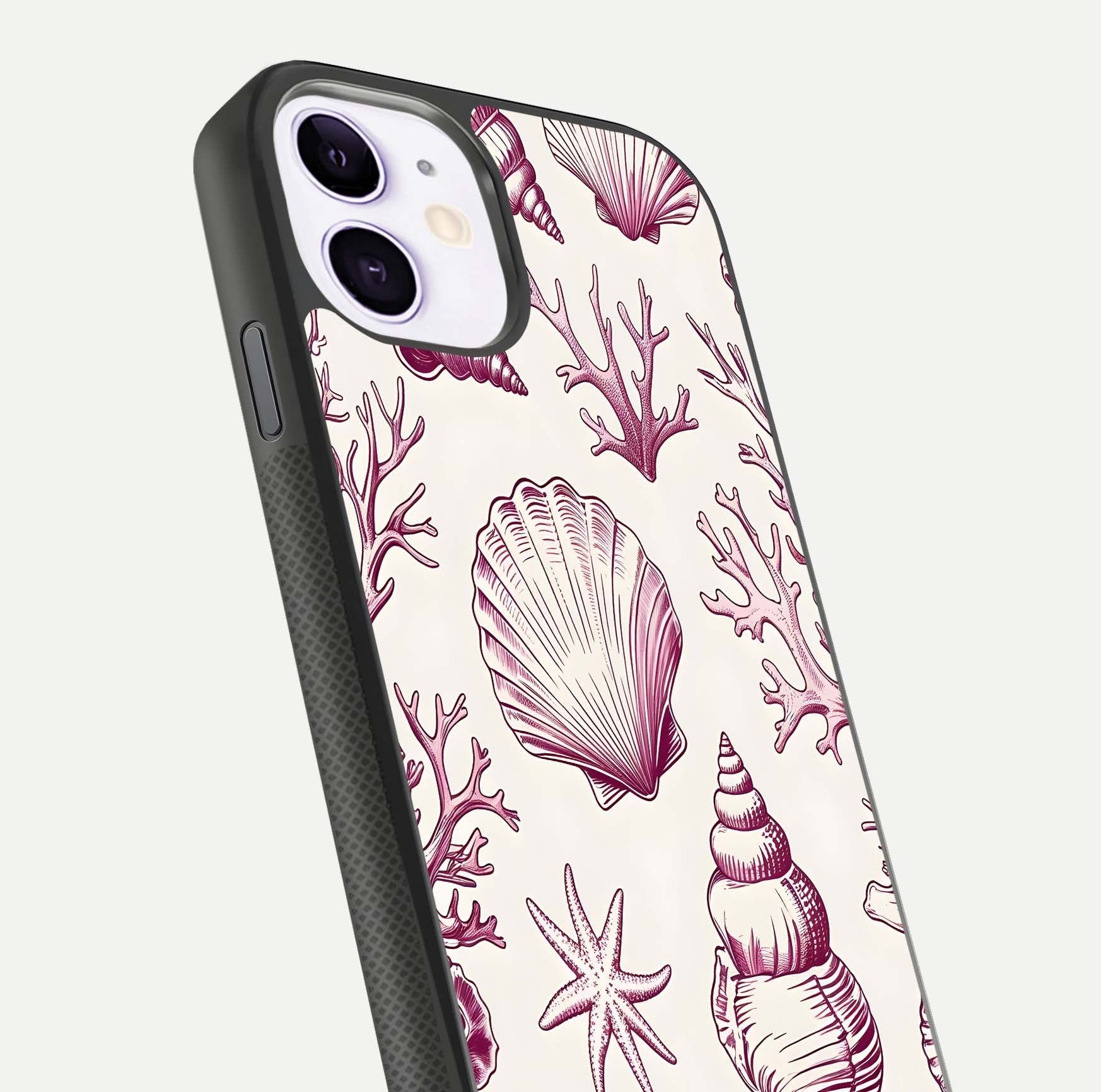 Pink Shells Outline Glass Case for iPhone 11 close-up angled shot showing fine shell lines and reflection