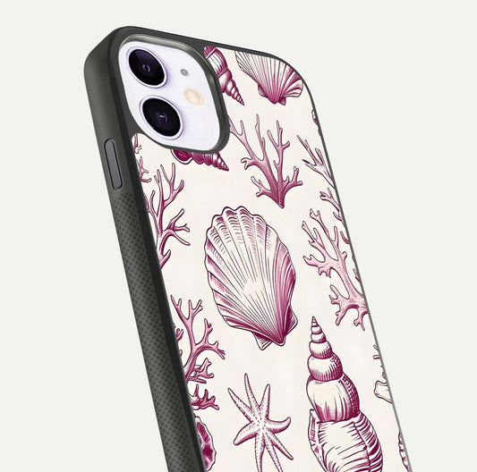 Pink Shells Outline Glass Case for iPhone 11 close-up angled shot showing fine shell lines and reflection