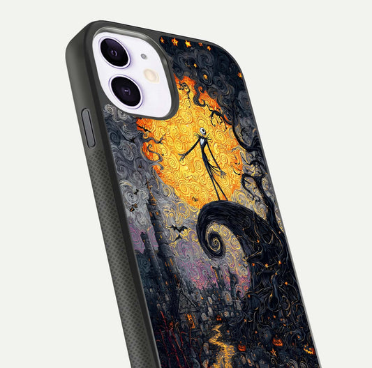 Pumpkin Moon Night Glass Case for iPhone 11 close-up angled shot showing moon reflection and Halloween glow