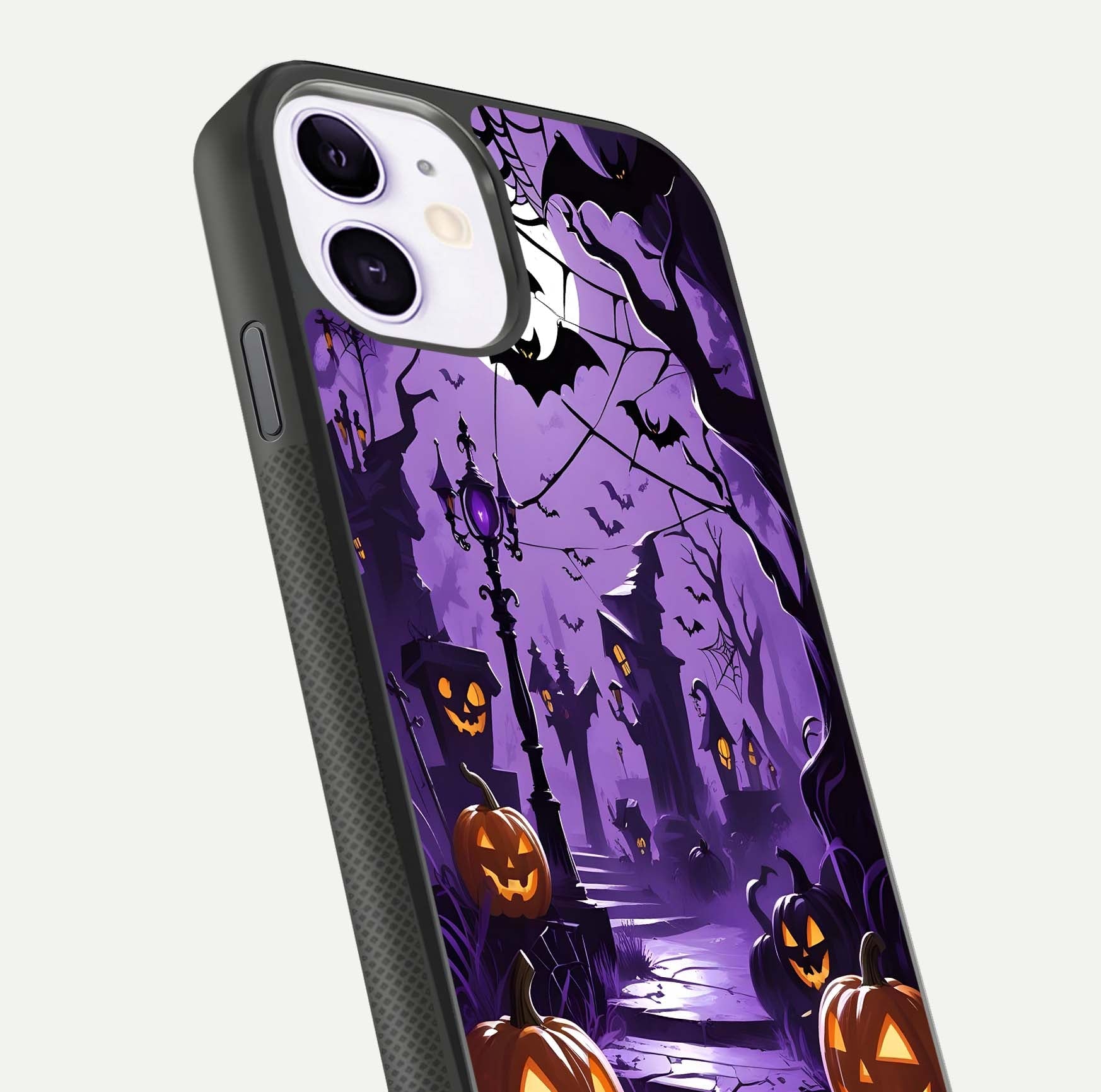 Pumpkin Patch Halloween Glass Case for iPhone 11 close-up angled shot highlighting pumpkin texture and shine