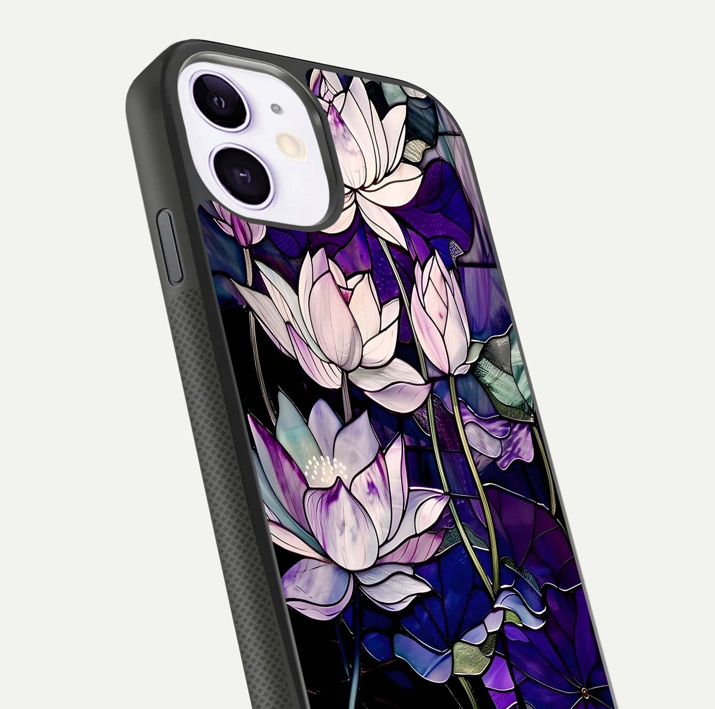 Purple Lotus Pattern Glass Case for iPhone 11 close-up angled shot showing petal texture and HD reflection