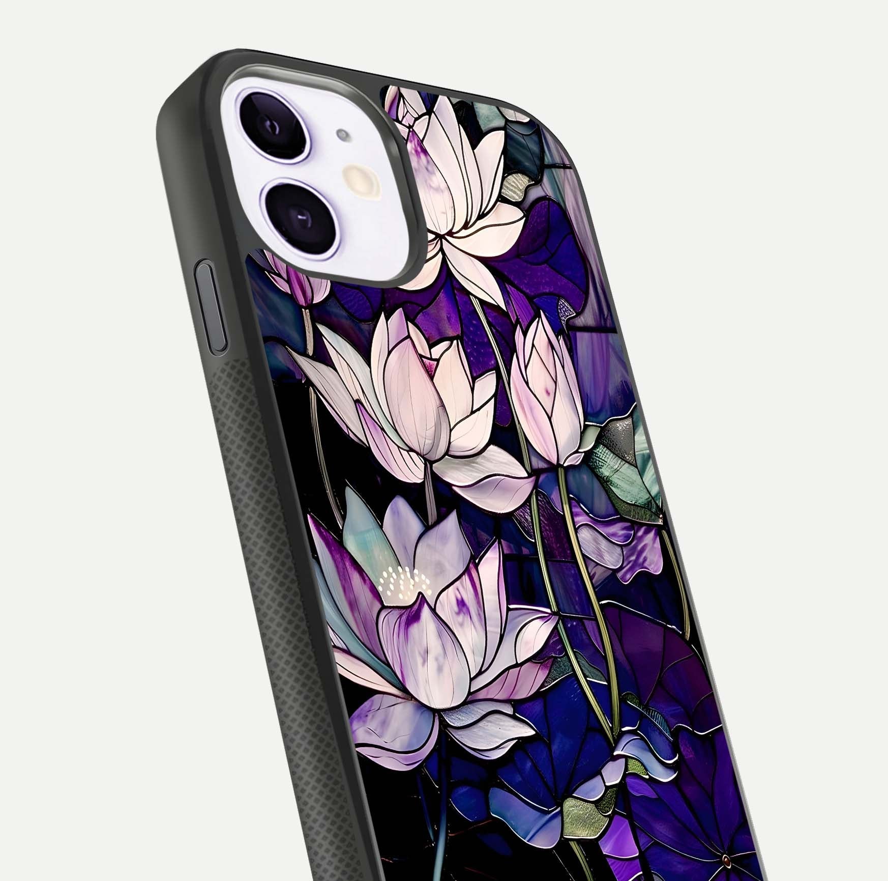 Purple Lotus Pattern Glass Case for iPhone 11 close-up angled shot showing petal texture and HD reflection
