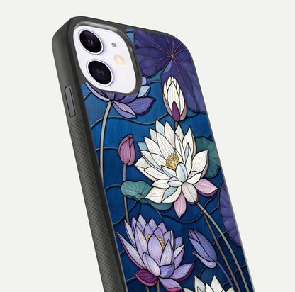Purple Lotus Stained Glass Case for iPhone 11 close-up angled shot highlighting glass pattern and reflection
