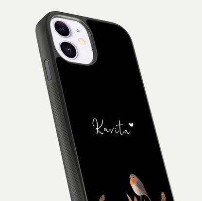 Quiet Garden Tune Custom Name Glass Case for iPhone 11 close-up angled shot showing soft tones and gloss reflection