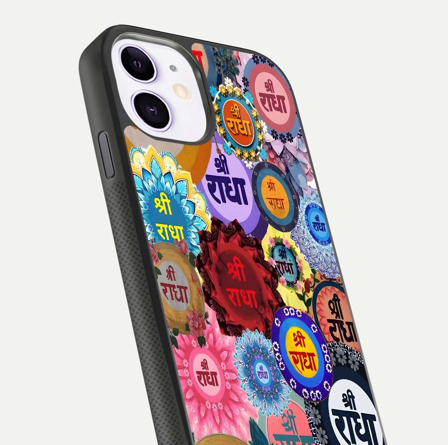 Radha Divine Bloom Glass Case for iPhone 11 close-up angled shot highlighting divine detailing and shine