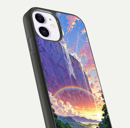 Rainbow Valley Dream Glass Case for iPhone 16 Pro close-up angled shot highlighting gradient tones and HD shine