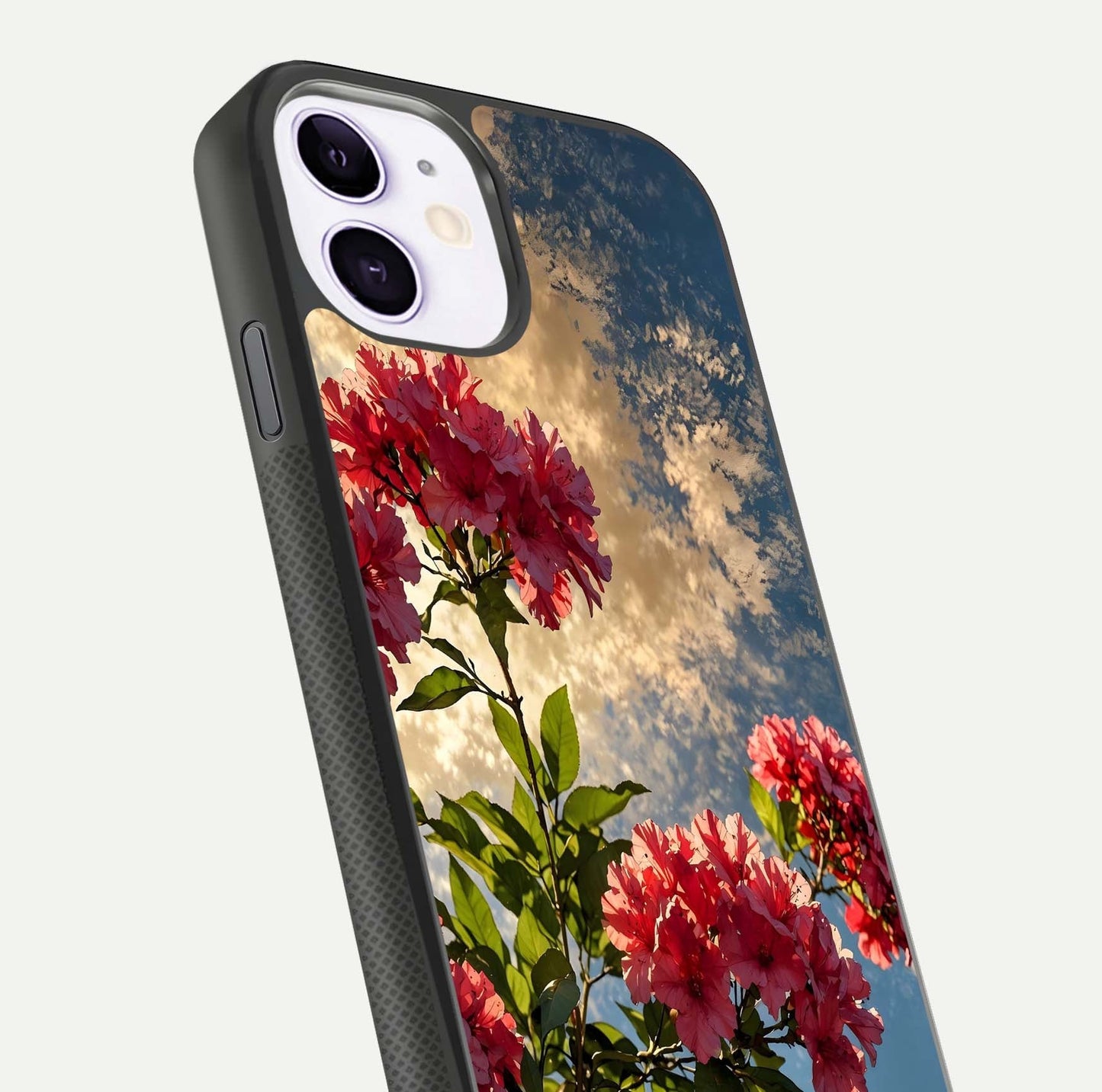 Red Bloom Skies Glass Case for iPhone 11 close-up angled shot highlighting detailed blooms and reflection