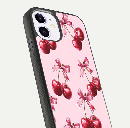 Red Cherries Pattern Glass Case for iPhone 11 close-up angled shot showing cherry details and HD reflection