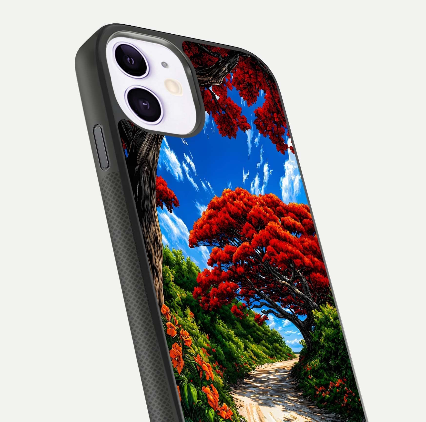 Red Trees Pathway Glass Case for iPhone 11 close-up angled shot highlighting forest detail and reflection