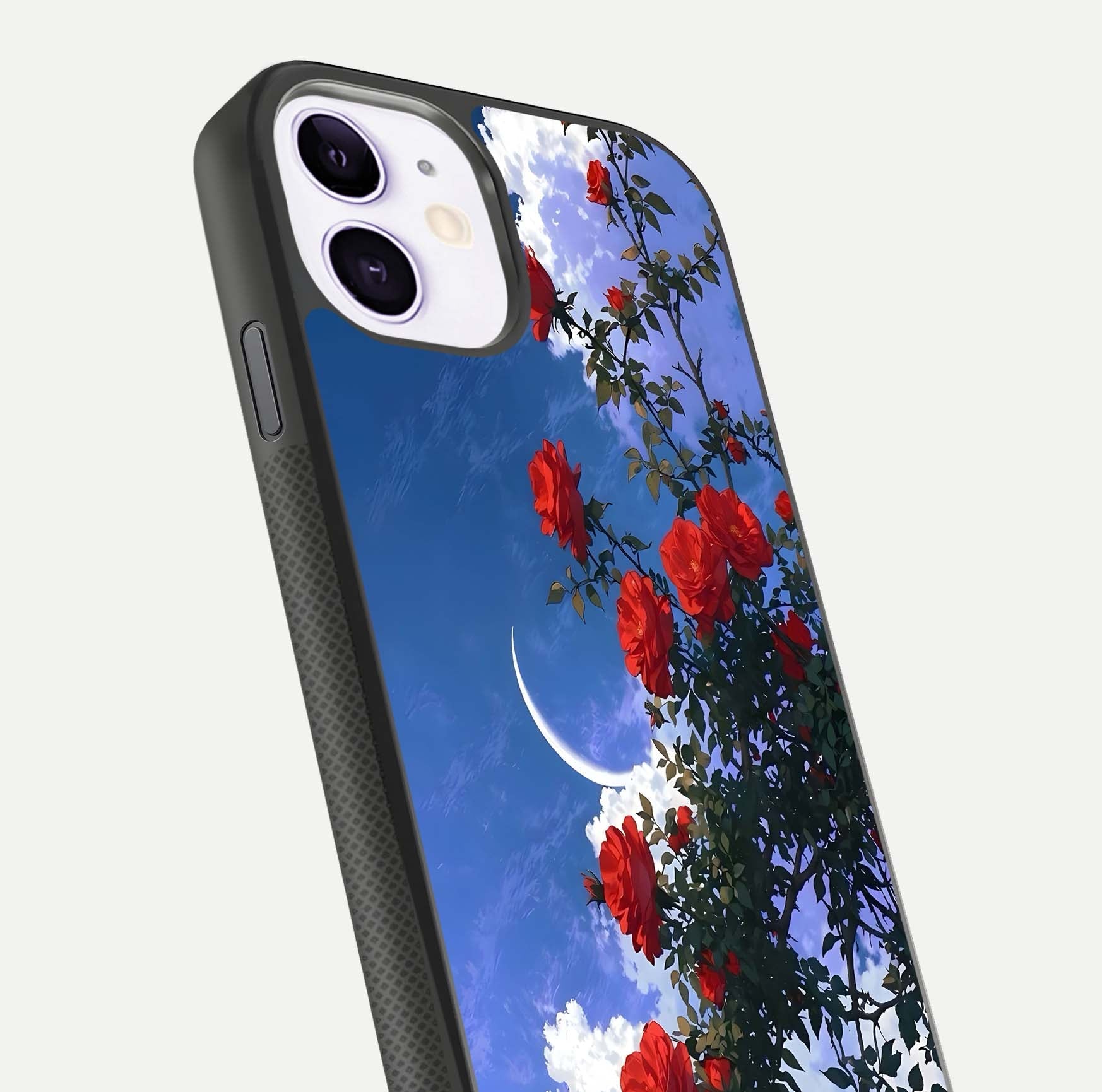 Rose Drift Flowers Glass Case for iPhone 11 close-up angled shot highlighting floral texture and reflection
