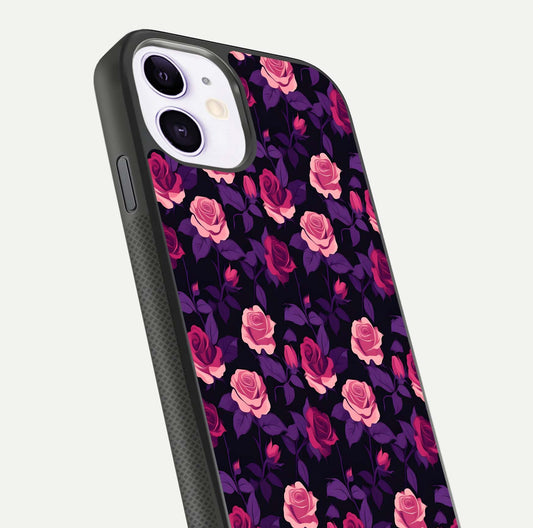 Rose Garden Twilight Glass Case for iPhone 11 close-up angled shot highlighting rose contrast and reflection