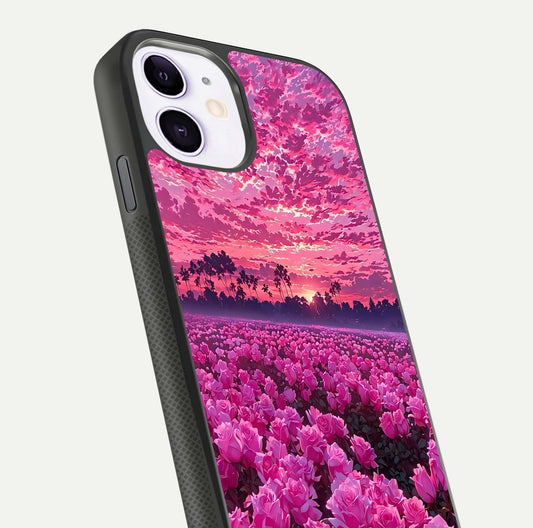 Rose Sunset Valley Glass Case for iPhone 11 close-up angled shot showing rose detailing and golden hues