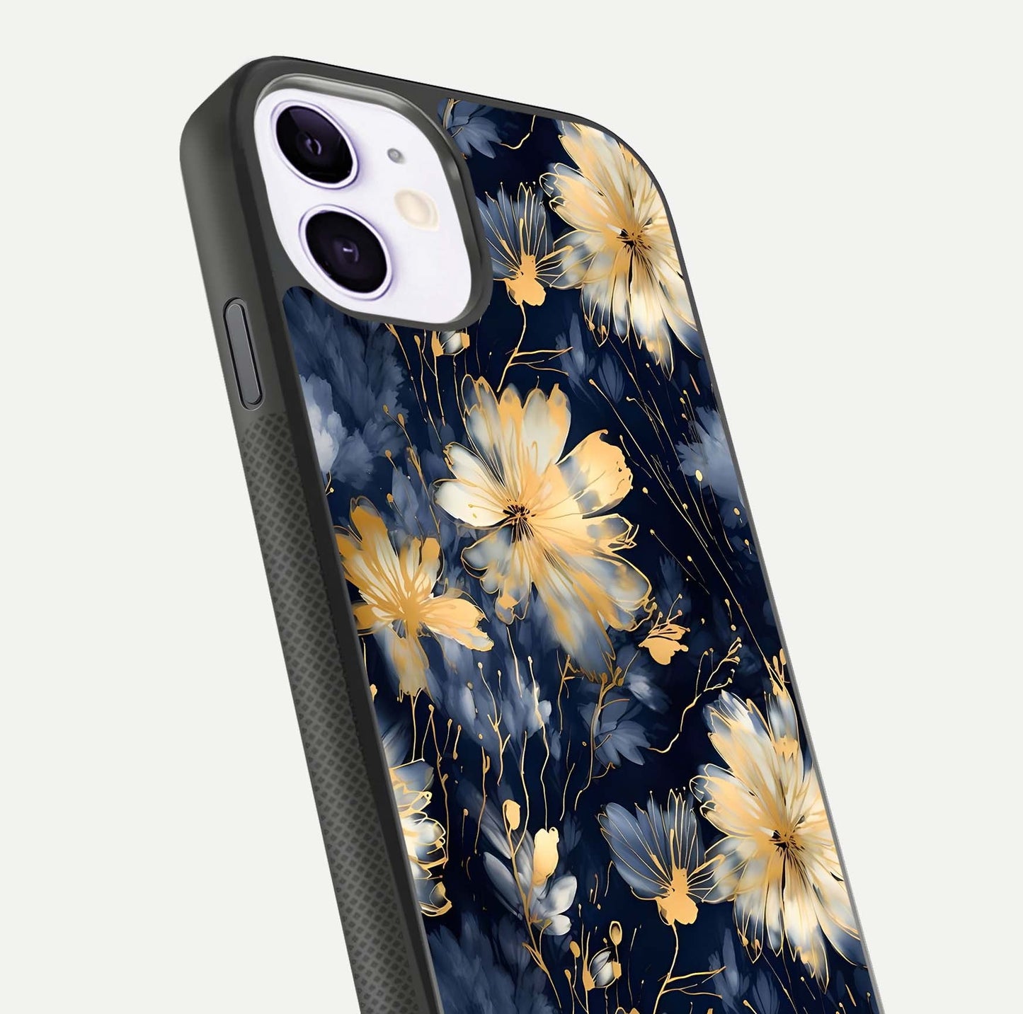 Royal Petal Dream Glass Case for iPhone 11 close-up angled shot highlighting petal texture and reflection depth