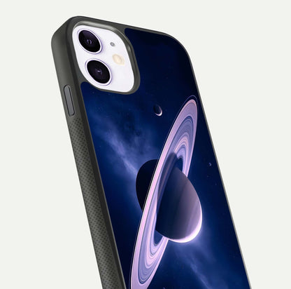 Saturn Ring Mystique Glass Case for iPhone 11 close-up angled shot highlighting ring detail and HD reflection