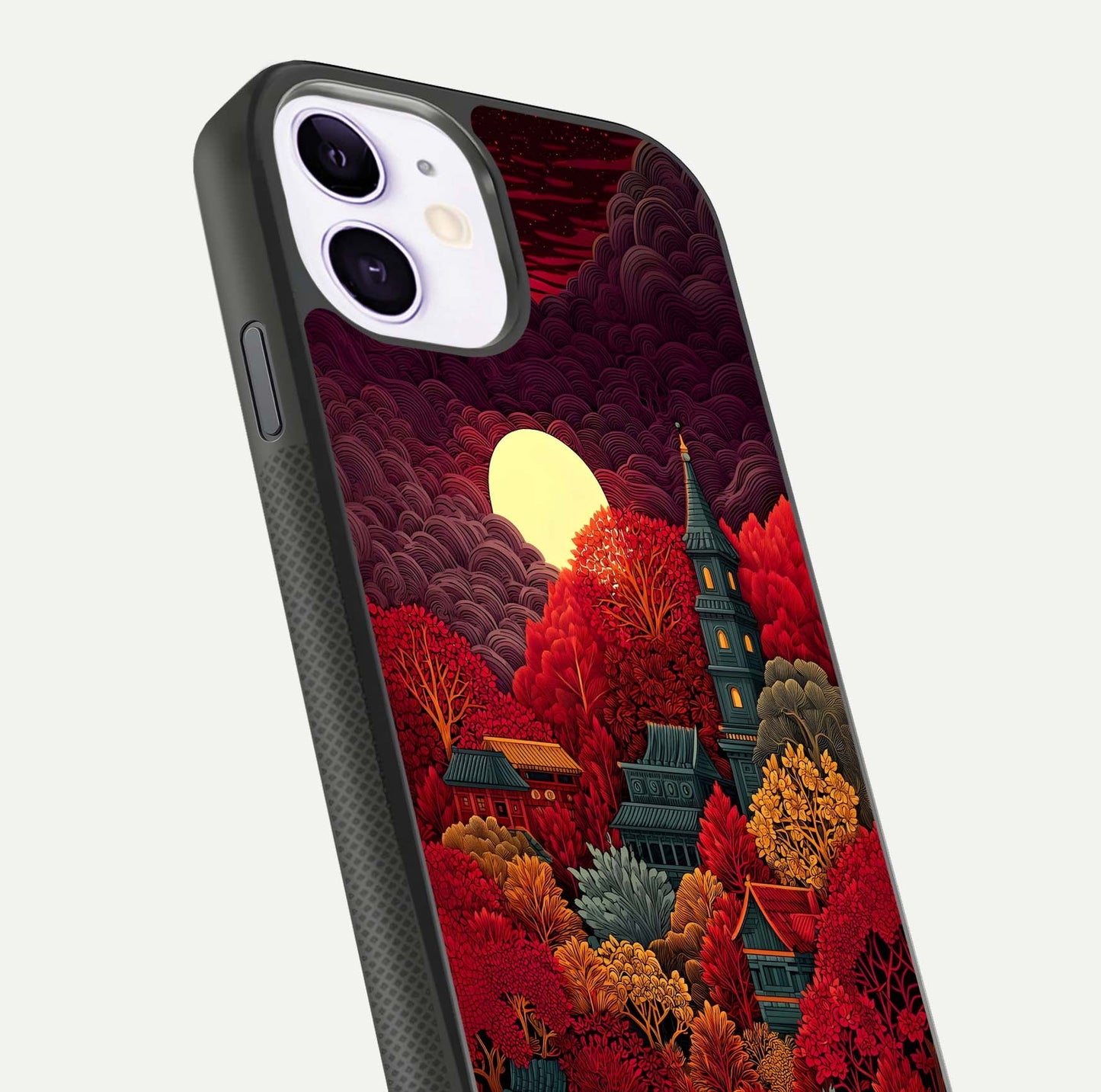 Scarlet Autumn Temple Glass Case for iPhone 11 close-up angled shot highlighting golden leaves and reflection