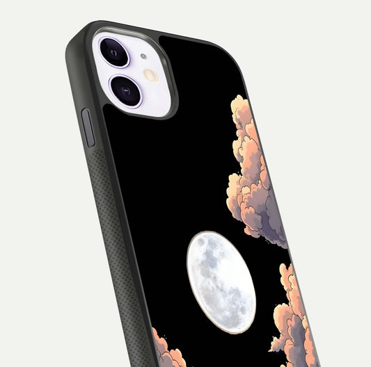 Shade Cloud Moon Glass Case for iPhone 11 close-up angled shot highlighting moon reflection and depth