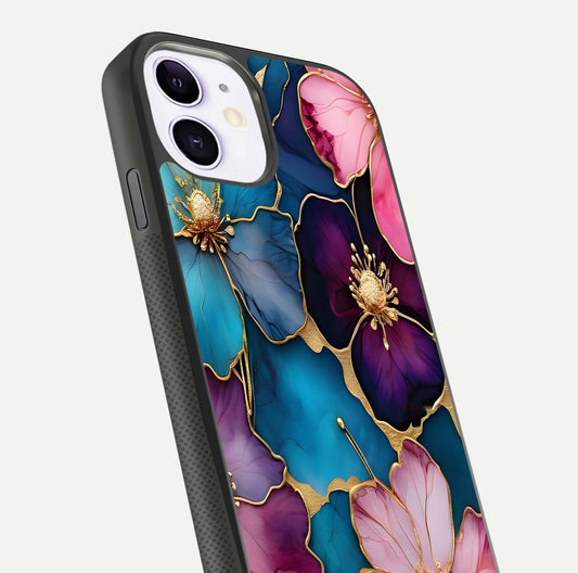 Sparkle Floral Glass Case for iPhone 11 close-up angled shot highlighting shimmer details and reflection