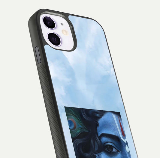 Spiritual Krishna Glass Case for iPhone 16 Pro close-up angled shot showing HD print, color tone, and reflection