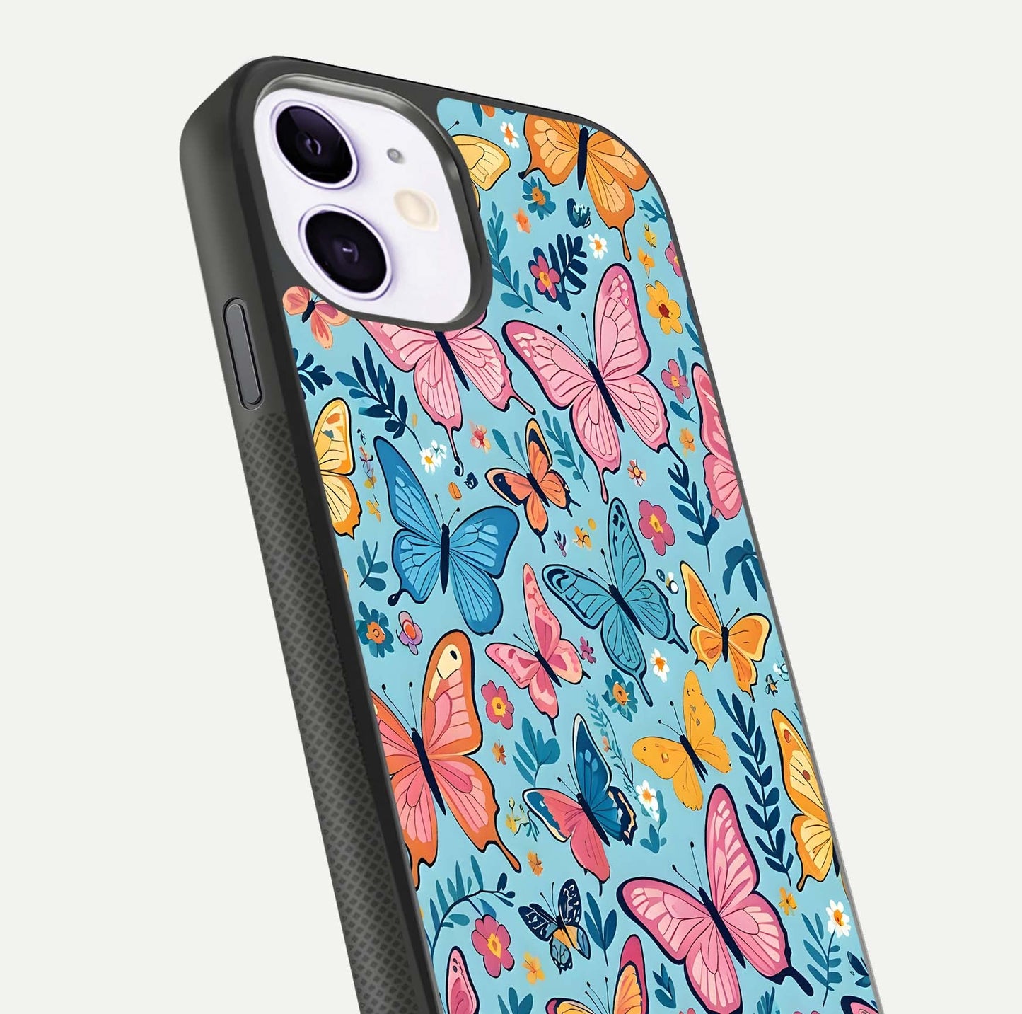 Spring Wing Garden Glass Case for iPhone 11 close-up angled shot highlighting petal details and reflection